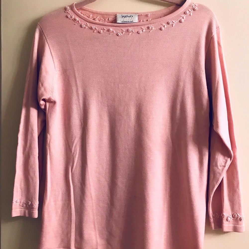 Pink silk sweater with matching floral trim